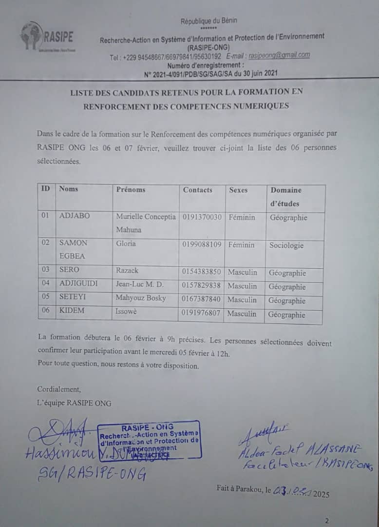 Confirmation de sélection – Formation sur les compétences numériques